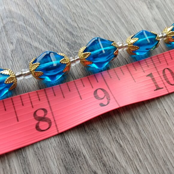 Vintage Blue Glass Beaded Necklace Made in Czechoslovakia Gold Tone Bead Caps - Picture 10 of 12